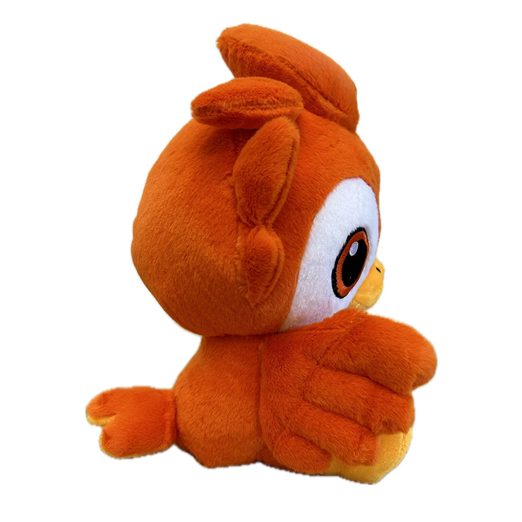Side view of Warm Pal glow-in-the-dark phoenix plush with soft orange fur and detailed wings by GoFigment.