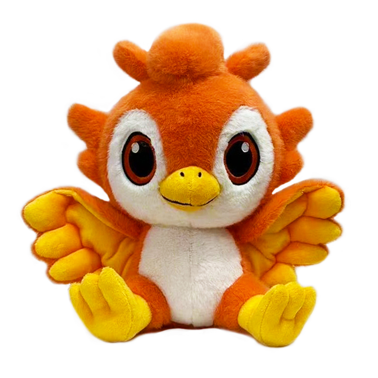 Plush orange and yellow phoenix with large eyes, soft texture, designed for warmth and comfort by 1i4.
