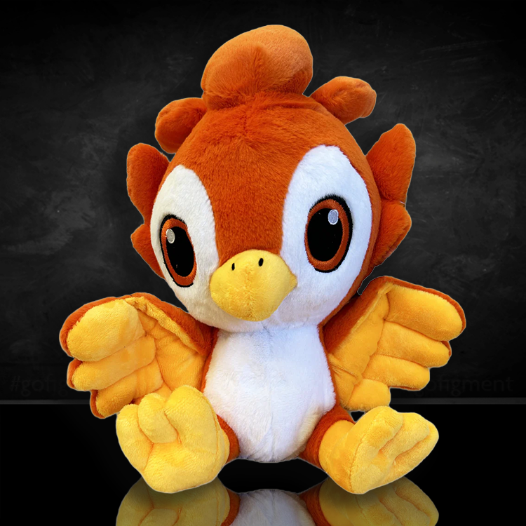 Soft plush fiery phoenix with large eyes, yellow wings, and glowing lavender-scented microwavable comfort from GoFigment