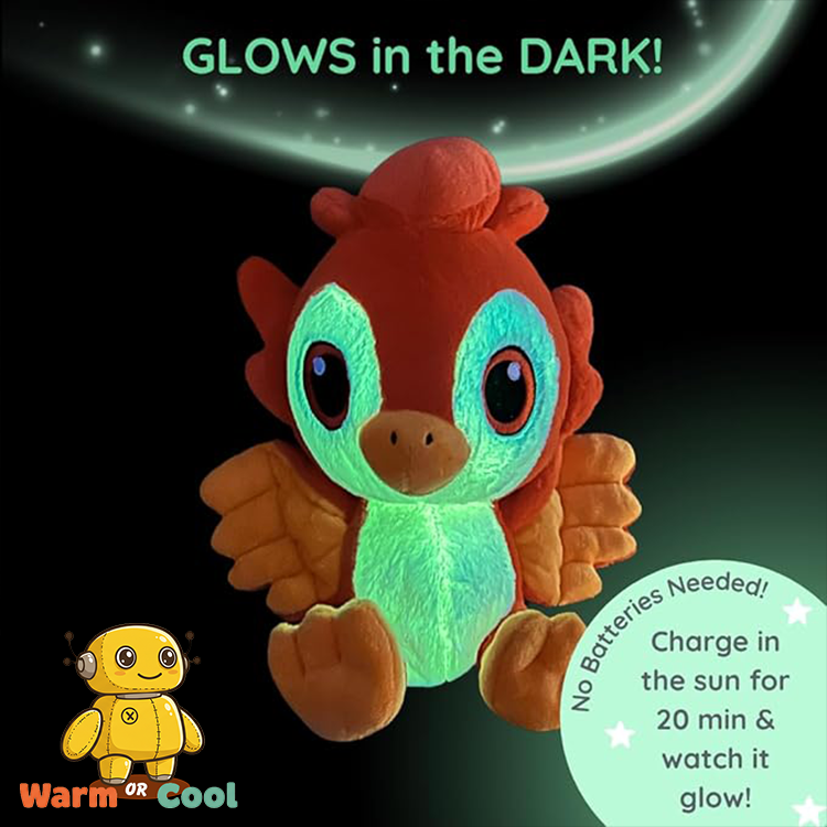 Glow-in-the-dark Fiery Phoenix plush with glowing chest and no batteries needed, charges in sunlight for magical comfort.
