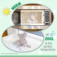 Plush elephant in microwave and freezer showing warm and cool settings for perfect temperature comfort