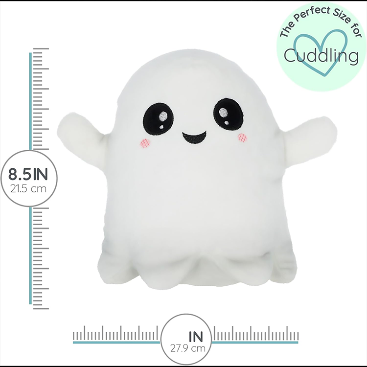 Soft white ghost plush with big eyes and smile measuring 8.5 inches perfect for cuddling and comfort