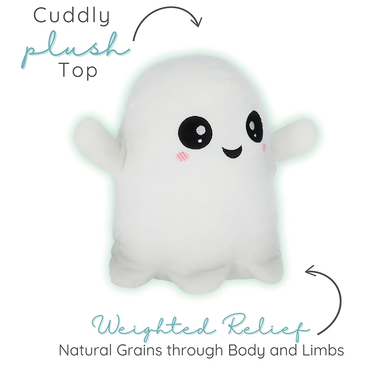 Soft white plush Gregory Ghost with cute face, glowing outline, filled with natural grains for comforting weight therapy