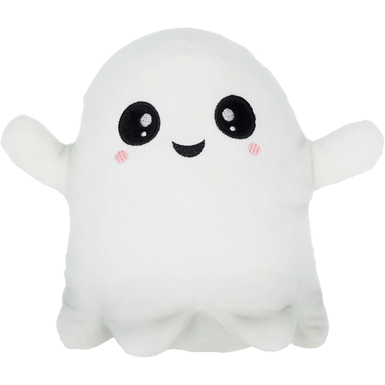 Soft white smiling ghost plush with outstretched arms, cozy and microwavable with lavender scent.