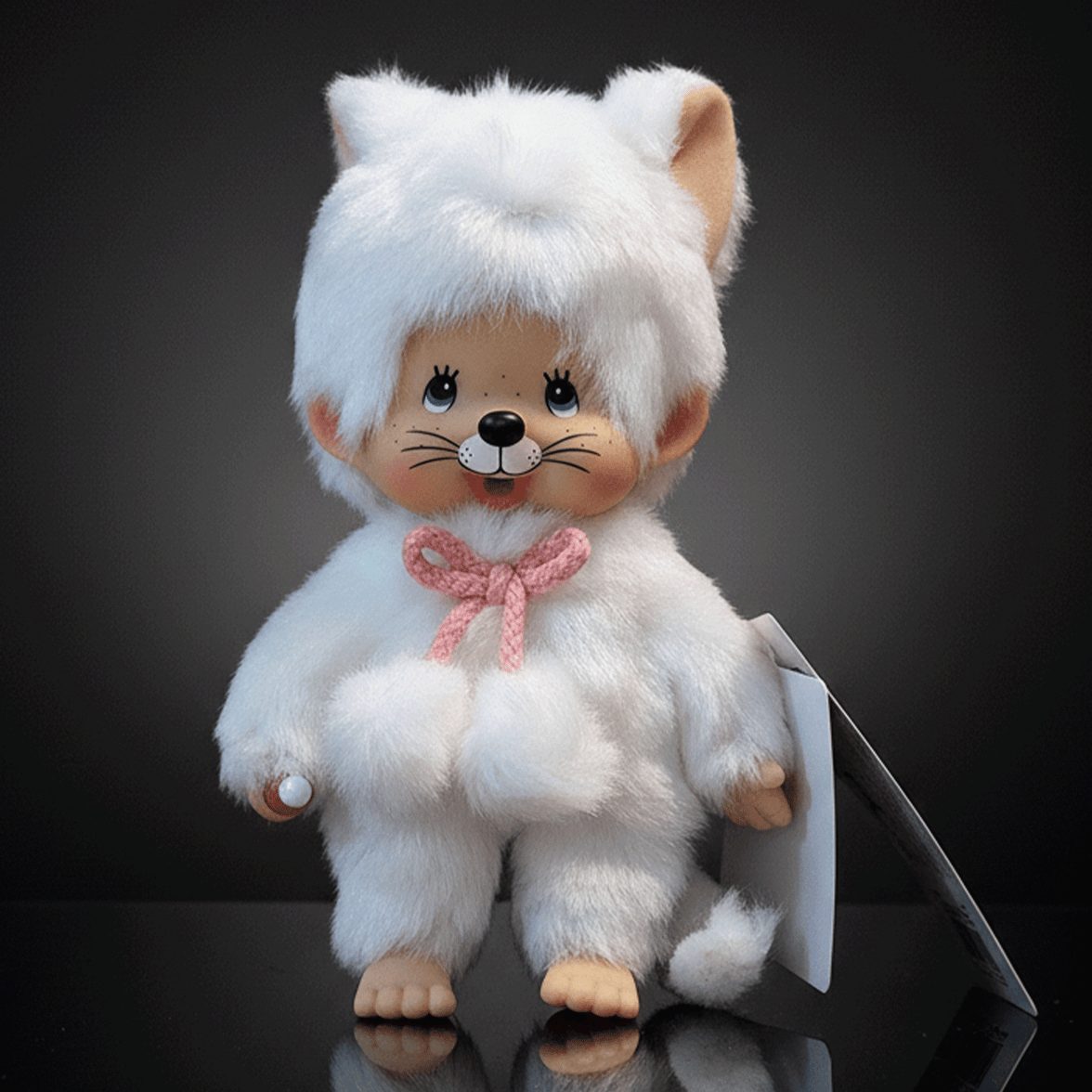 Sekiguchi Monchhichi plush doll dressed in white cat costume with pink bow and tag on reflective surface