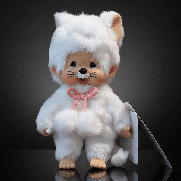 8" Large Monchhichi Doll - Girl as White Cat - Authentic Monkey Plush, NWT