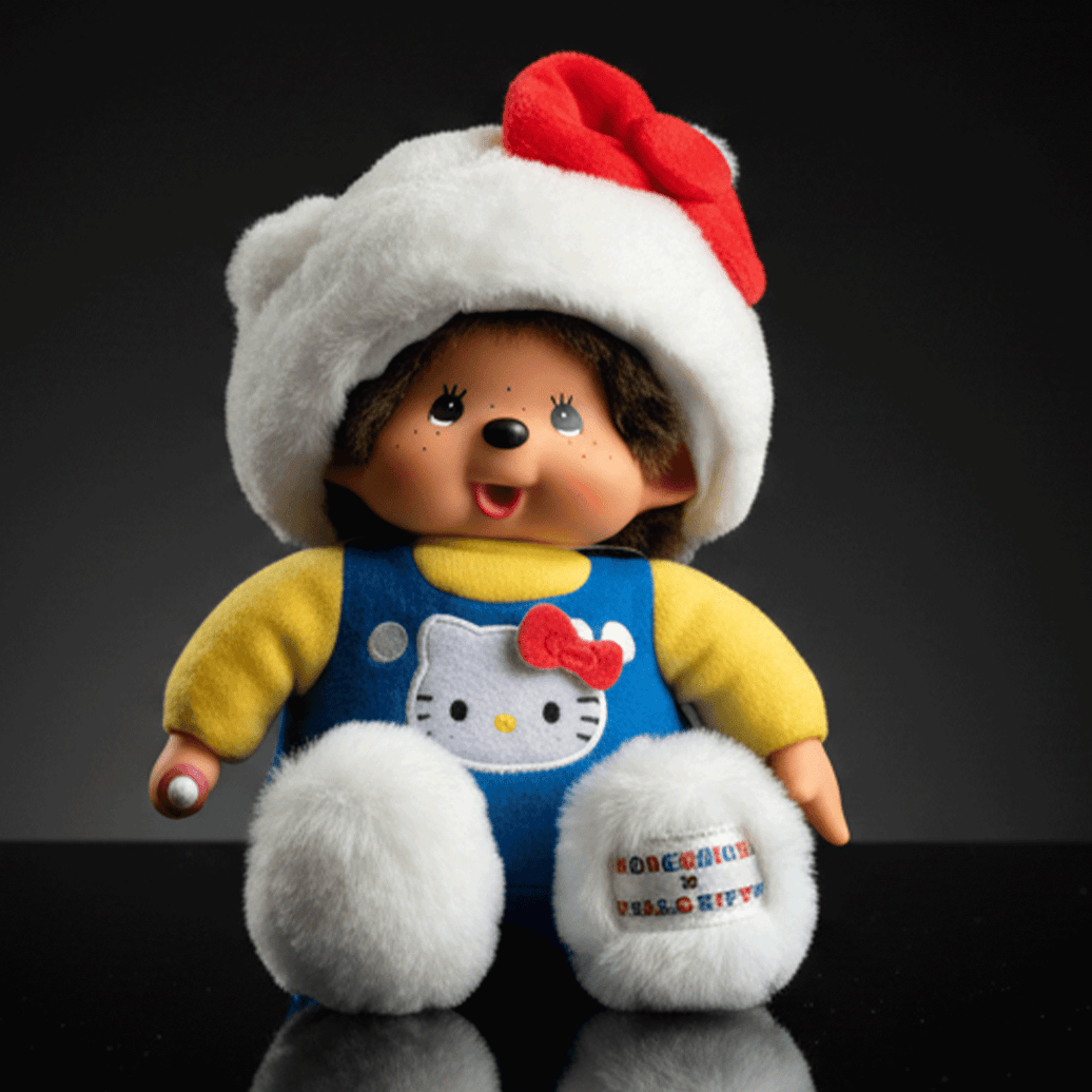 8" Sekiguchi Monchhichi plush dressed as Hello Kitty in overalls with red bow and white furry hat