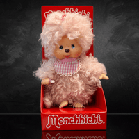 Sekiguchi 8 inch Monchhichi girl doll with fluffy pink beige fur wearing pink gingham bib in red box