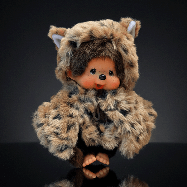 8" Large Monchhichi Doll - Girl in Leopard Hood and Cape - Authentic Monkey Plush, NWT