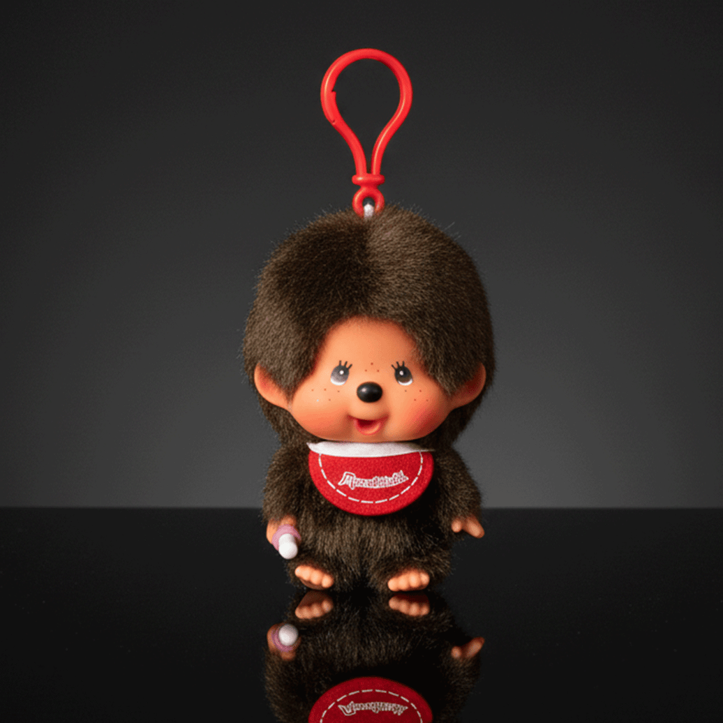 Monchhichi classic boy plush keychain with red bib and thumb in mouth hanging against dark background by Sekiguchi