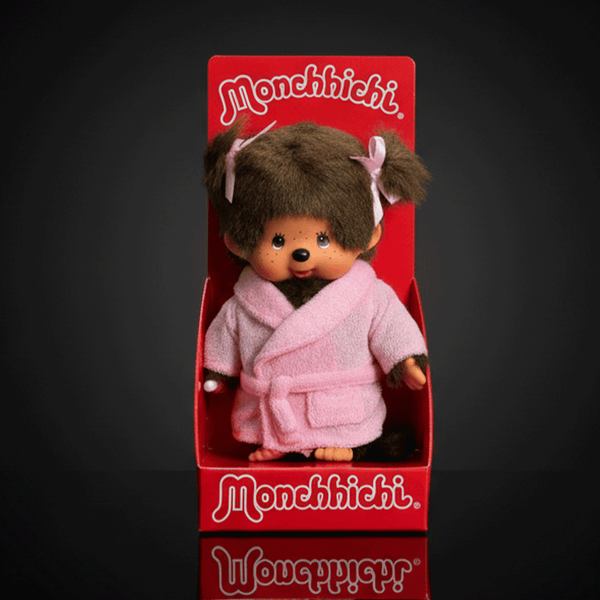 8" Large Monchhichi Doll - Girl in Pink Bathrobe - Authentic Monkey Plush, NWT