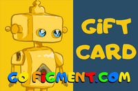 Yellow robot illustration next to colorful text reading Gift Card Go Figment com on divided yellow and navy background