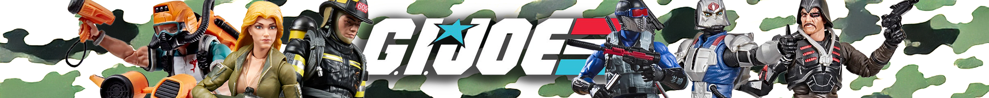 GI Joe action figures lineup with characters in military gear posed against a camouflage background and logo in center