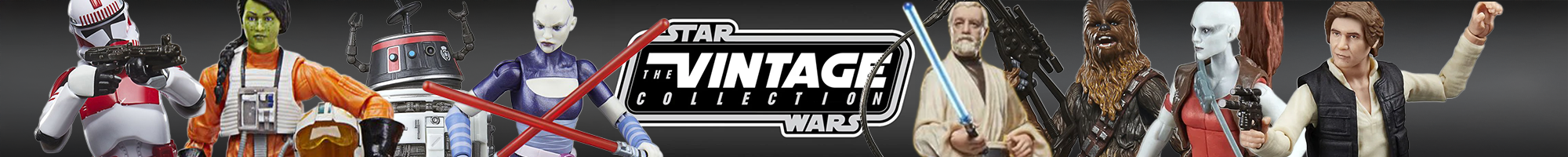 Collection of Star Wars characters from the vintage-inspired series with logo centered on a dark gradient background