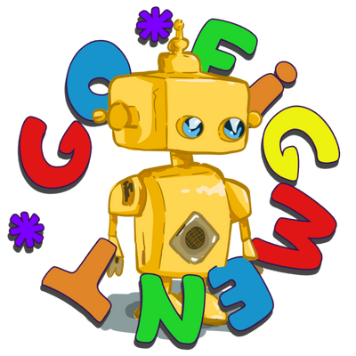 Yellow robot surrounded by colorful scattered letters on a white background representing unused files