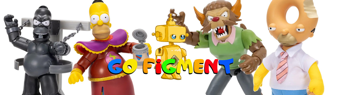 Go Figment logo with cartoon characters including a robot, yellow figure, furry monster, and orange alien
