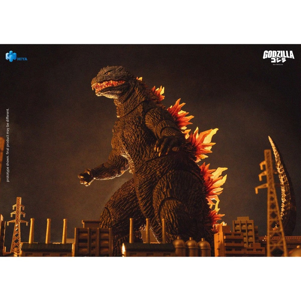 Godzilla 2000 Godzilla Millennium Heat Ray Exquisite Basic Series Action Figure 6 inch posed in a cityscape by Exquisite