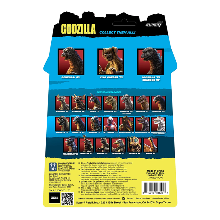 Super7 Godzilla ReAction figures packaging showing various classic kaiju characters to collect and display