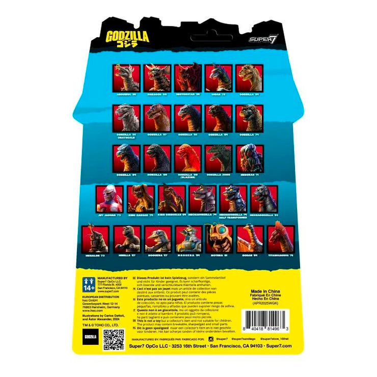 Super7 Godzilla figure collection cardback with images of various Godzilla characters and model names.