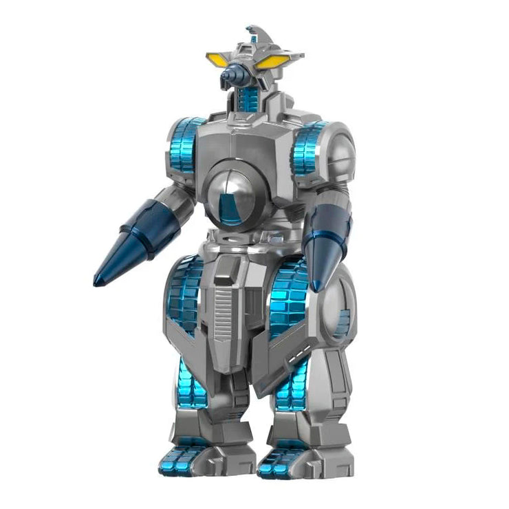 Super7 Mechagodzilla 1993 ReAction figure with metallic silver and blue detailing in robotic design.