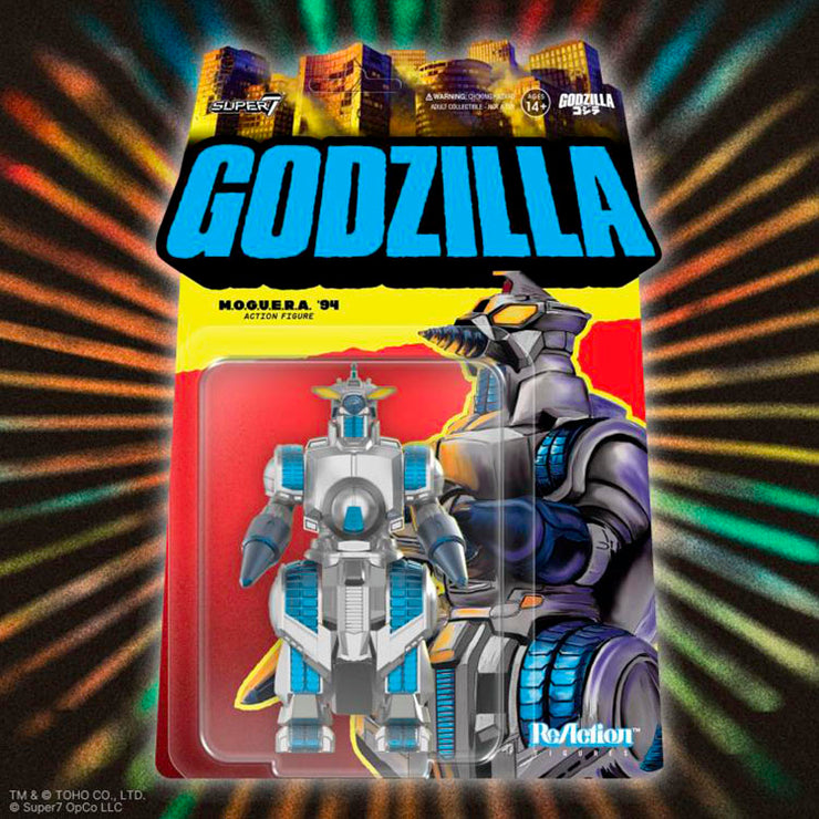 Super7 M.O.G.U.E.R.A. 1994 Godzilla ReAction 3.75-inch figure with detailed mechanical design in blister packaging.