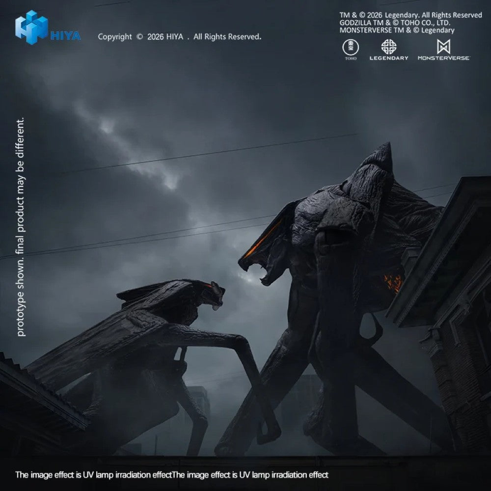 Godzilla 2014 Male & Female MUTO 6" Hiya Toys Action Figure Set showing two dark MUTO creatures in a cityscape