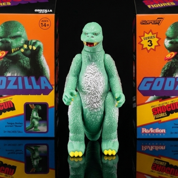Godzilla 1:18 Scale 3.75" Shogun Action Figures - LOOSE Confirmed Choice by Super7 standing with packaging behind on black surface