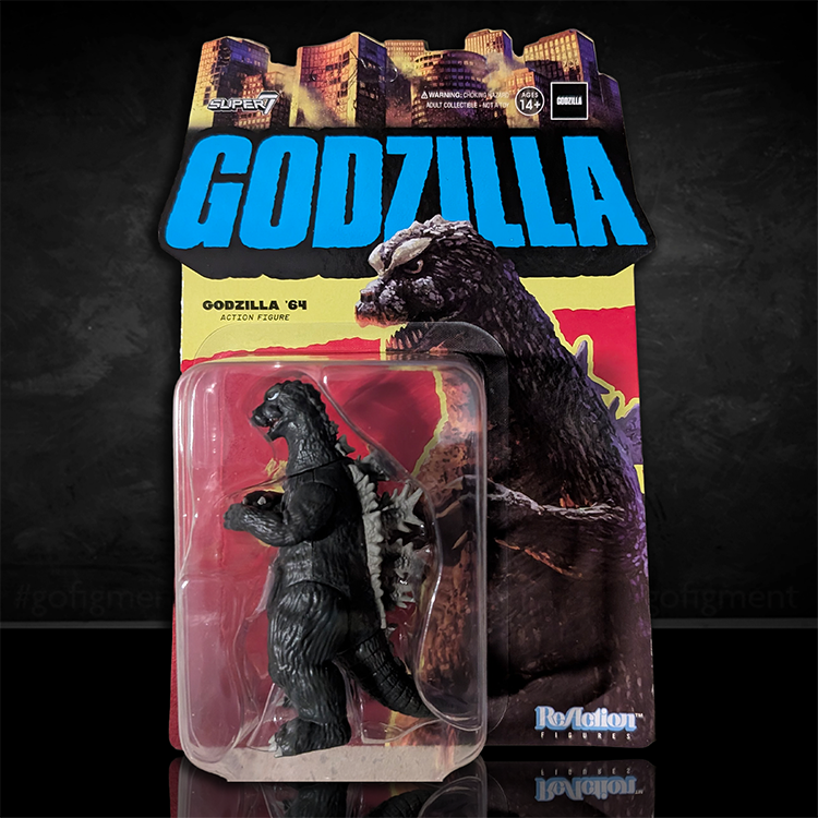 Godzilla 1964 ReAction figure by Super7 in original packaging with iconic movie artwork background.