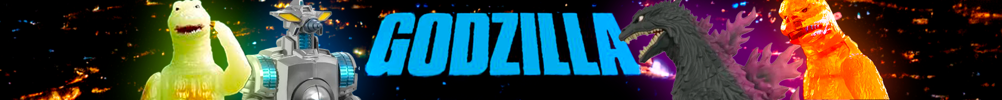 Godzilla characters lineup with glowing effects and fiery orange background featuring iconic monsters in battle stance