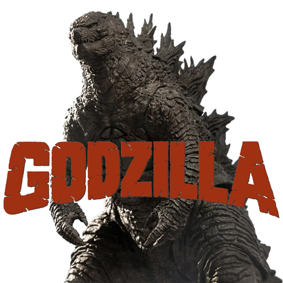 Godzilla figure with bold red Godzilla text overlay