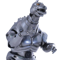 Silver metallic robotic dinosaur figure with articulated claws and an open mouth against a white background