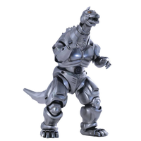 Articulated metallic robot dinosaur figure with sharp teeth and a segmented tail posed on white background.