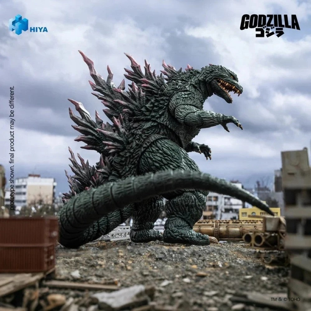 Godzilla 7" Hiya Toys Action Figure Exquisite Basic Godzilla vs Megaguirus 2000 posed Godzilla figure on a city diorama