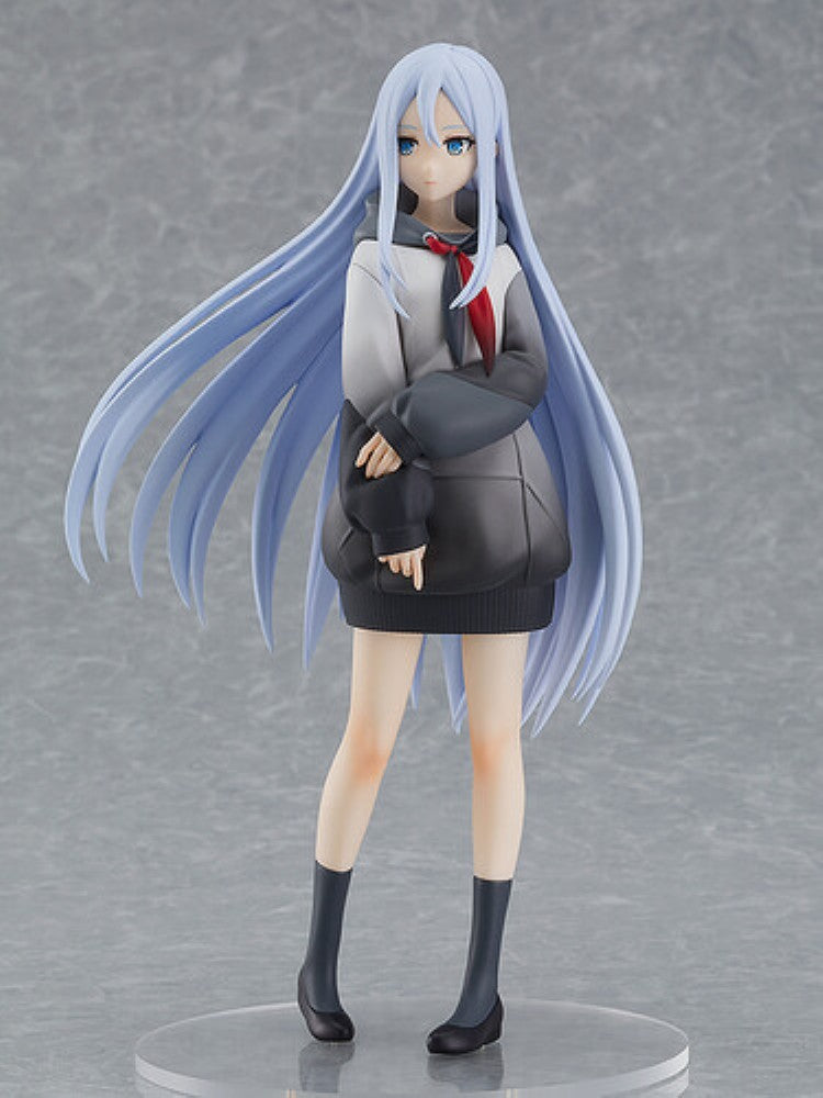 Anime style female figure with long pale blue hair, gray school uniform, and black boots on a display stand