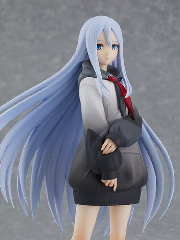 Anime-style female character with long pale blue hair, gray uniform, and red tie against a gray background