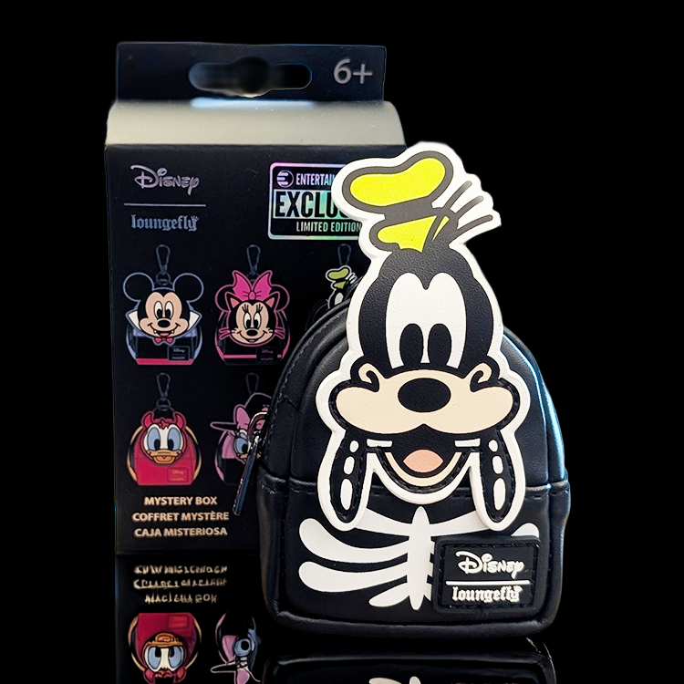Disney Loungefly mini backpack bag charm featuring Goofy as a skeleton with zipper and black design