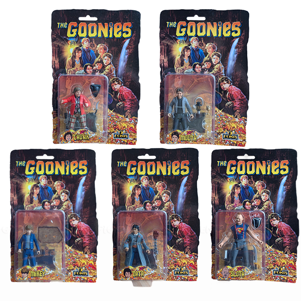 The Goonies Set of 5 1:18 Scale 3.75" 5 Points Retro Action Figure by Mezco in original packaging.
