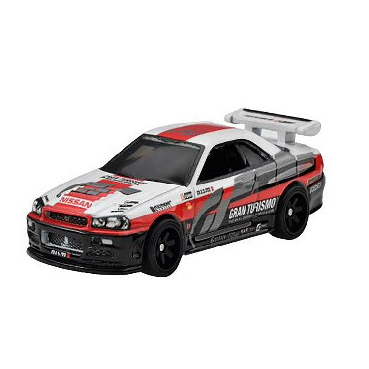 Mattel Hot Wheels premium Nissan Skyline GT-R Gran Turismo 7 diecast car with detailed racing livery and RealRiders tires.