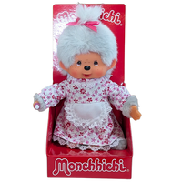 Monchhichi doll with gray fur and pink floral dress in red branded display box