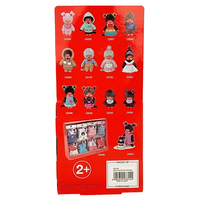 Monchhichi doll collection display on red backing with individual dolls and miniature outfits shown