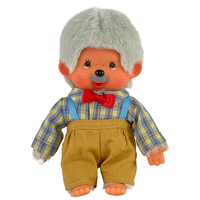 Vintage style Monchhichi doll with gray hair, red bow tie, plaid shirt, and brown overalls on white background