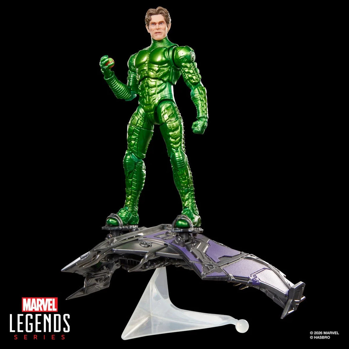 Green Goblin Spider-Man: No Way Home Deluxe Action Figure by Hasbro Marvel Legends 6 Inch standing on glider