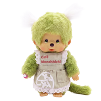 8" Monchhichi Green Tea Girl - in Green Apron with White Pig Tails and Green Eyes