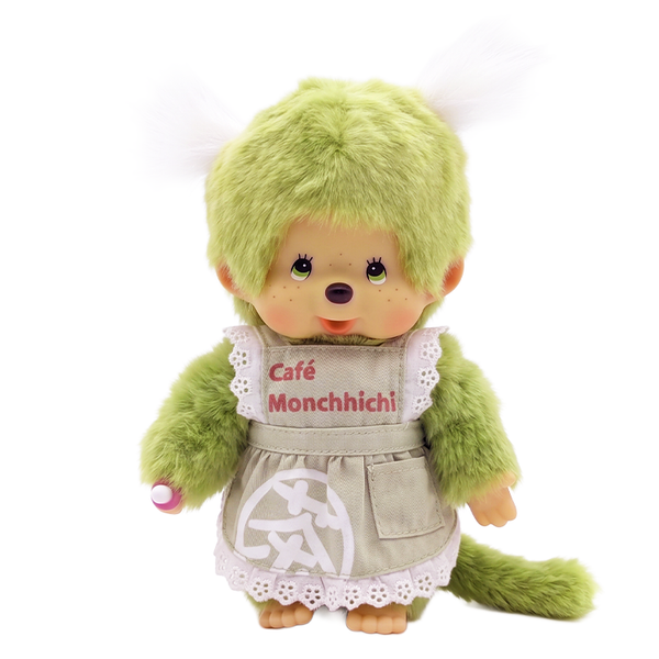 8" Monchhichi Green Tea Girl - in Green Apron with White Pig Tails and Green Eyes