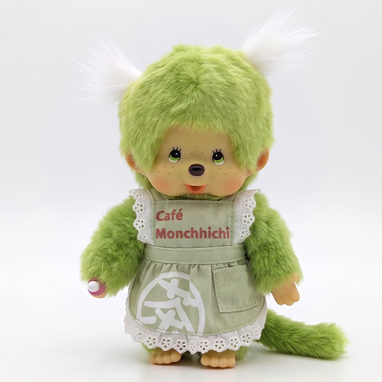 8" Monchhichi Green Tea Girl - in Green Apron with White Pig Tails and Green Eyes