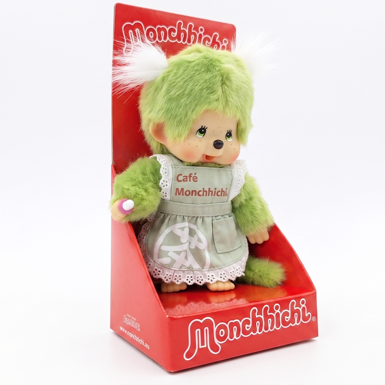 8" Monchhichi Green Tea Girl - in Green Apron with White Pig Tails and Green Eyes