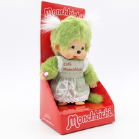 8" Monchhichi Green Tea Girl - in Green Apron with White Pig Tails and Green Eyes