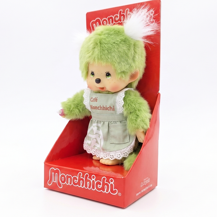 8" Monchhichi Green Tea Girl - in Green Apron with White Pig Tails and Green Eyes