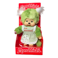 8" Monchhichi Green Tea Girl - in Green Apron with White Pig Tails and Green Eyes
