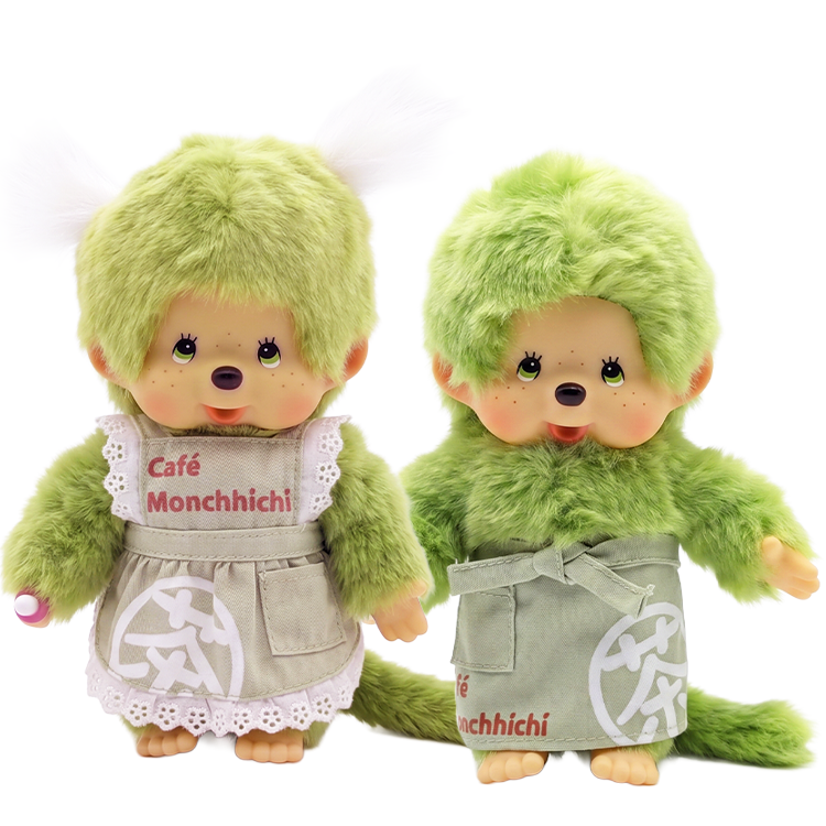 Monchhichi Green Tea Boy and Girl Plush Toy Set in Green Aprons 8 Inch Sold as Set